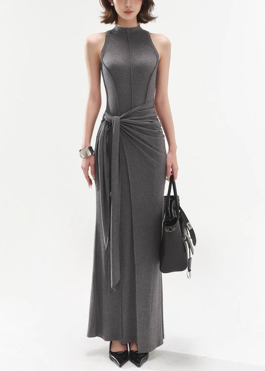Slim Fit Grey Original Design Tie Waist Cotton Long Dresses Sleeveless