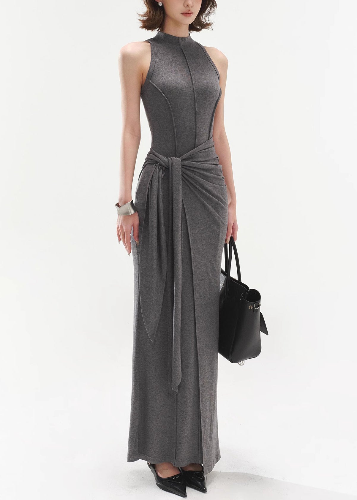 Slim Fit Grey Original Design Tie Waist Cotton Long Dresses Sleeveless