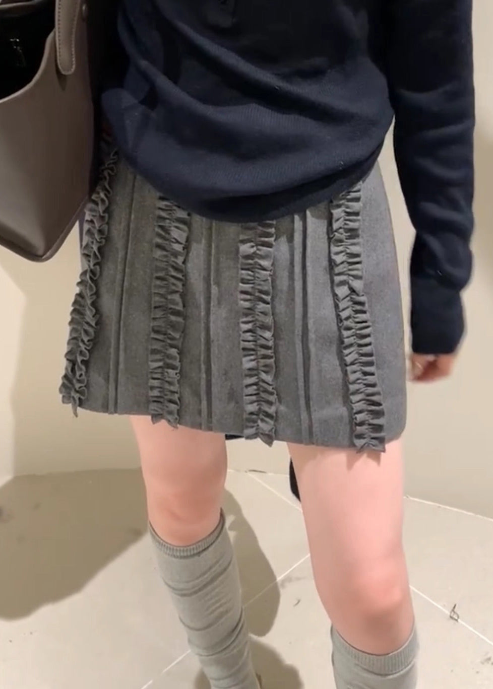 Slim Fit Grey Ruffled High Waist Woolen Skirts Fall