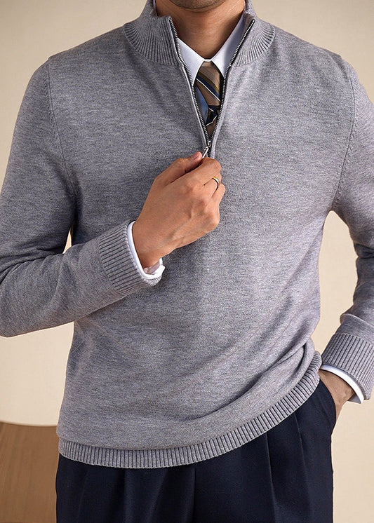 Slim Fit Grey Stand Collar Zip Up Knit Men Sweaters Winter