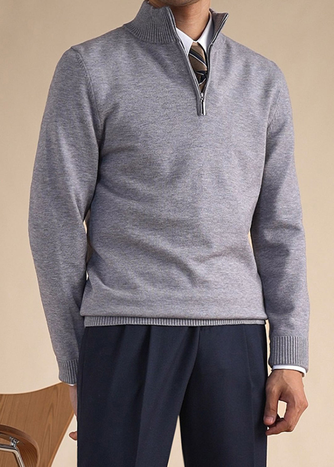 Slim Fit Grey Stand Collar Zip Up Knit Men Sweaters Winter