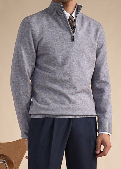 Slim Fit Grey Stand Collar Zip Up Knit Men Sweaters Winter
