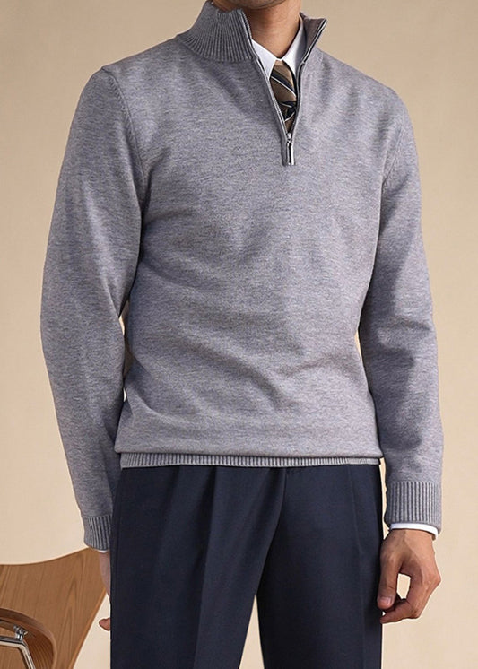 Slim Fit Grey Stand Collar Zip Up Knit Men Sweaters Winter