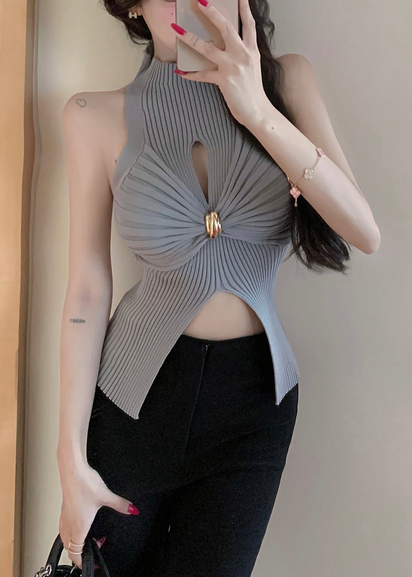 Slim Fit Grey Turtleneck Hollow Out Knit Tank Sleeveless