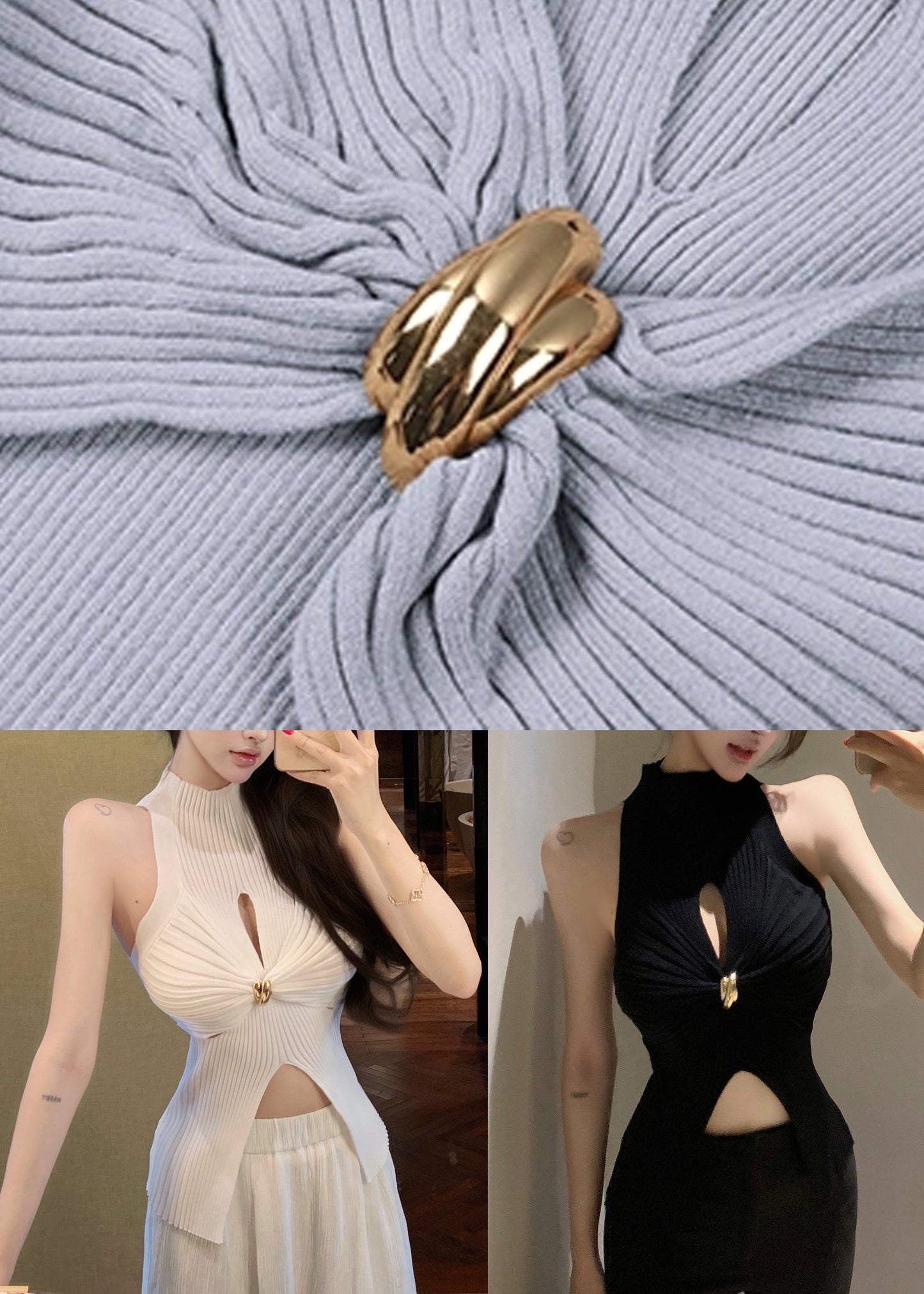 Slim Fit Grey Turtleneck Hollow Out Knit Tank Sleeveless