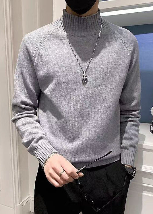 Slim Fit Grey Turtleneck Solid Knit Mens Sweaters Winter