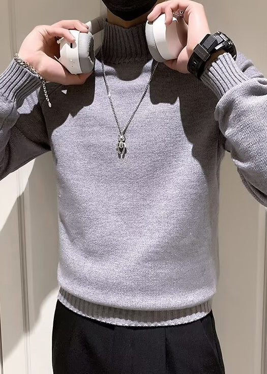 Slim Fit Grey Turtleneck Solid Knit Mens Sweaters Winter