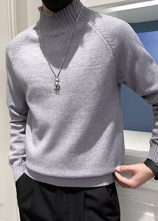 Slim Fit Grey Turtleneck Solid Knit Mens Sweaters Winter