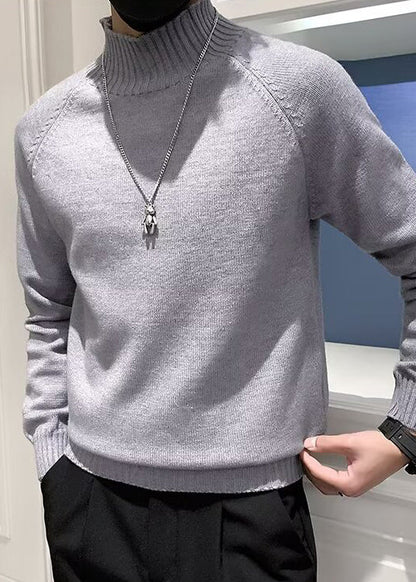 Slim Fit Grey Turtleneck Solid Knit Mens Sweaters Winter