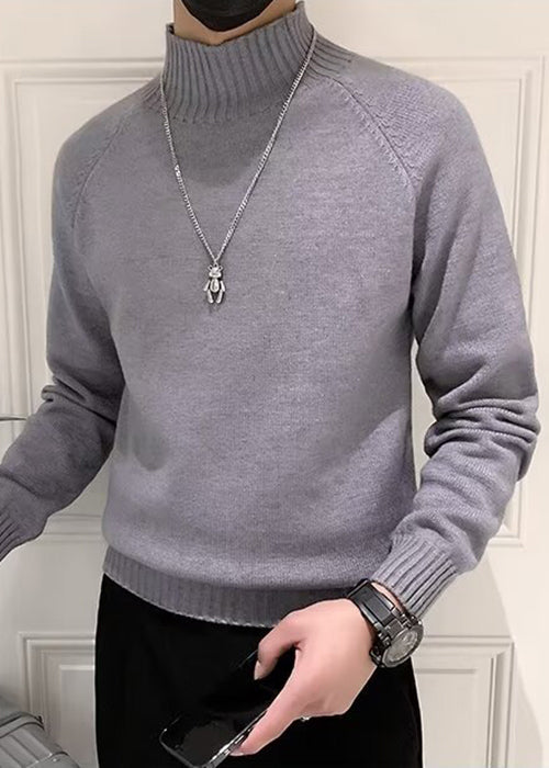 Slim Fit Grey Turtleneck Solid Knit Mens Sweaters Winter