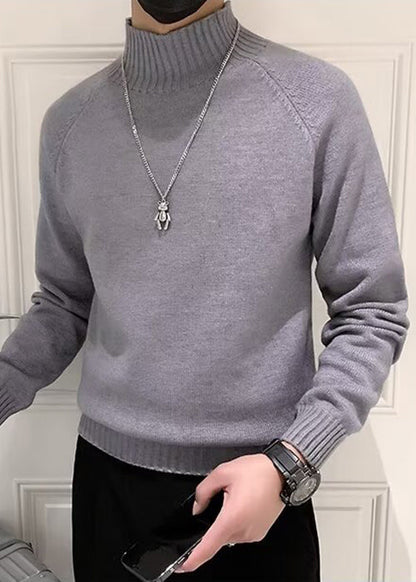 Slim Fit Grey Turtleneck Solid Knit Mens Sweaters Winter