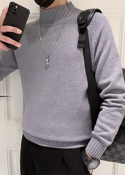 Slim Fit Grey Turtleneck Solid Knit Mens Sweaters Winter