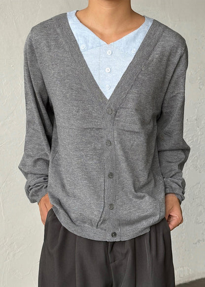 Slim Fit Grey V Neck Button Patchwork Knitting Cotton Men Sweater Fall