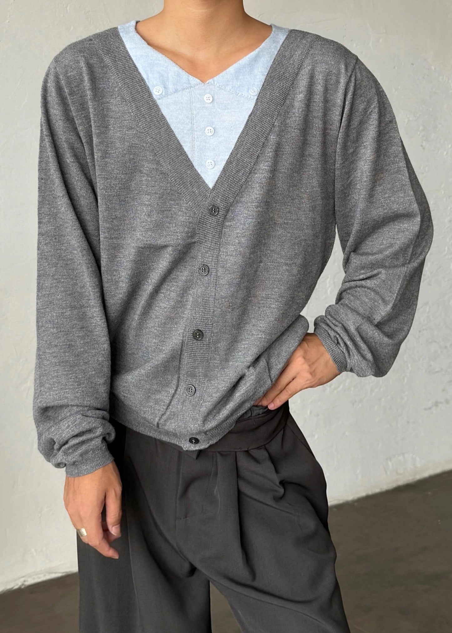 Slim Fit Grey V Neck Button Patchwork Knitting Cotton Men Sweater Fall