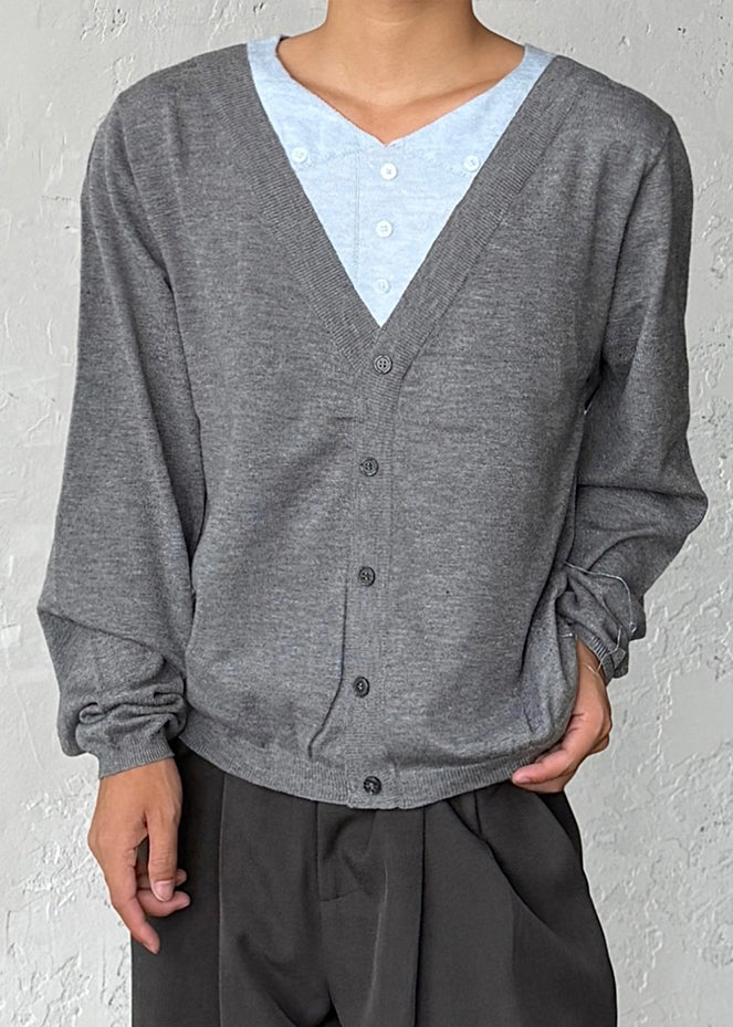 Slim Fit Grey V Neck Button Patchwork Knitting Cotton Men Sweater Fall