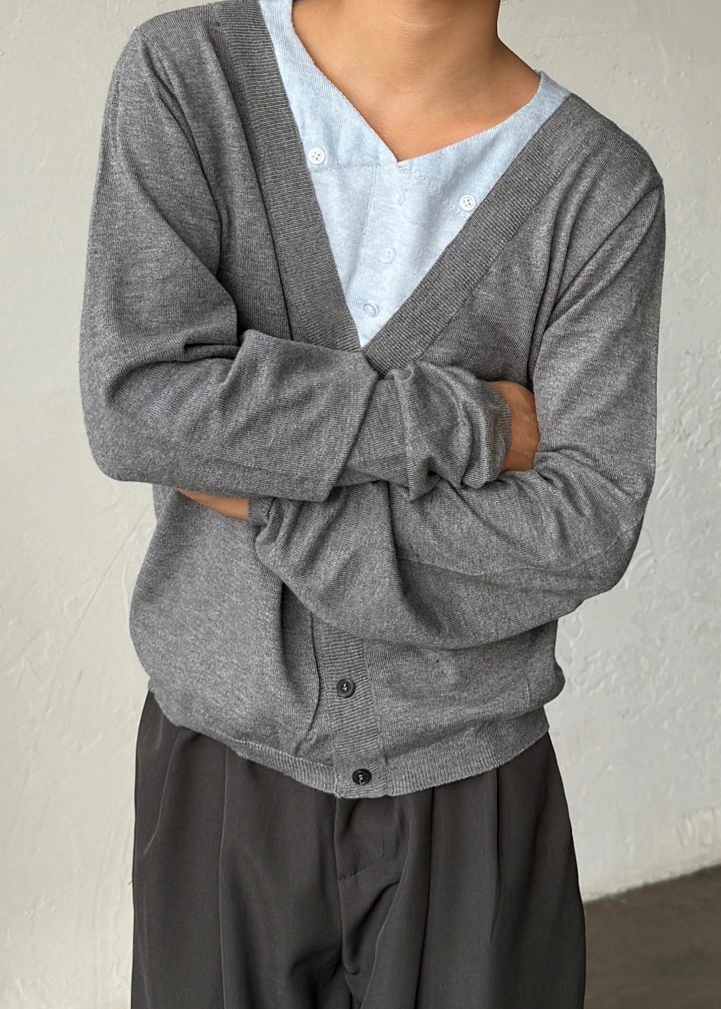 Slim Fit Grey V Neck Button Patchwork Knitting Cotton Men Sweater Fall