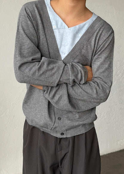 Slim Fit Grey V Neck Button Patchwork Knitting Cotton Men Sweater Fall