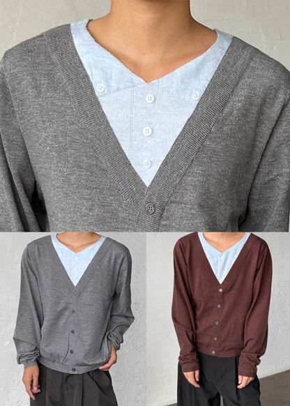 Slim Fit Grey V Neck Button Patchwork Knitting Cotton Men Sweater Fall