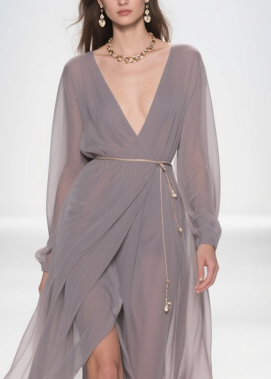 Slim Fit Grey V Neck Side Open Chiffon Long Dress