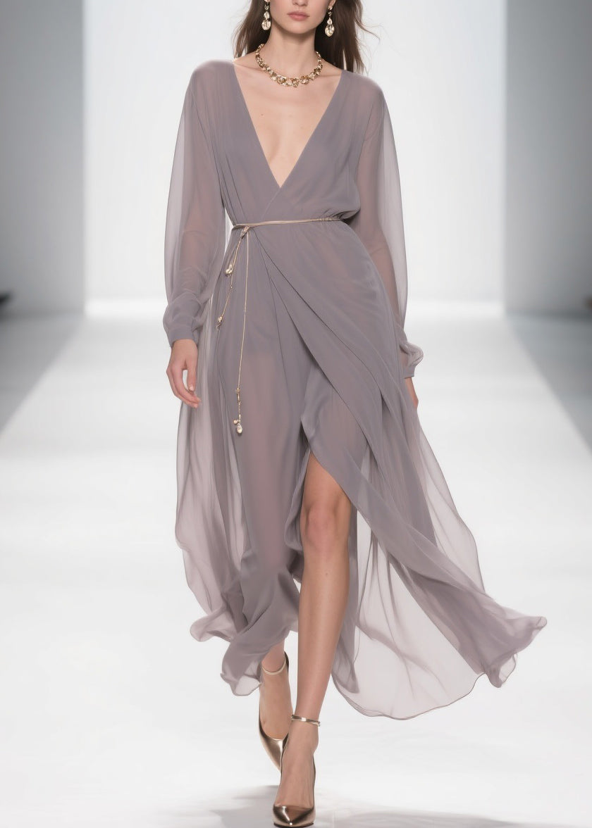 Slim Fit Grey V Neck Side Open Chiffon Long Dress