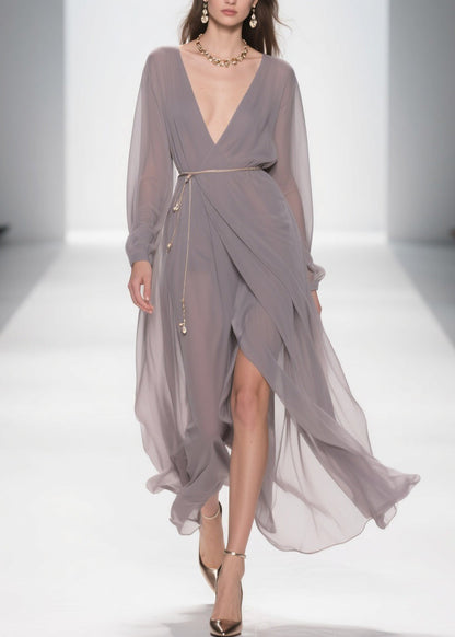 Slim Fit Grey V Neck Side Open Chiffon Long Dress