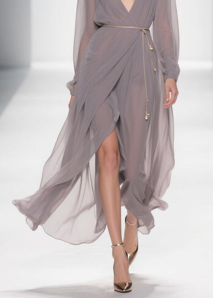 Slim Fit Grey V Neck Side Open Chiffon Long Dress