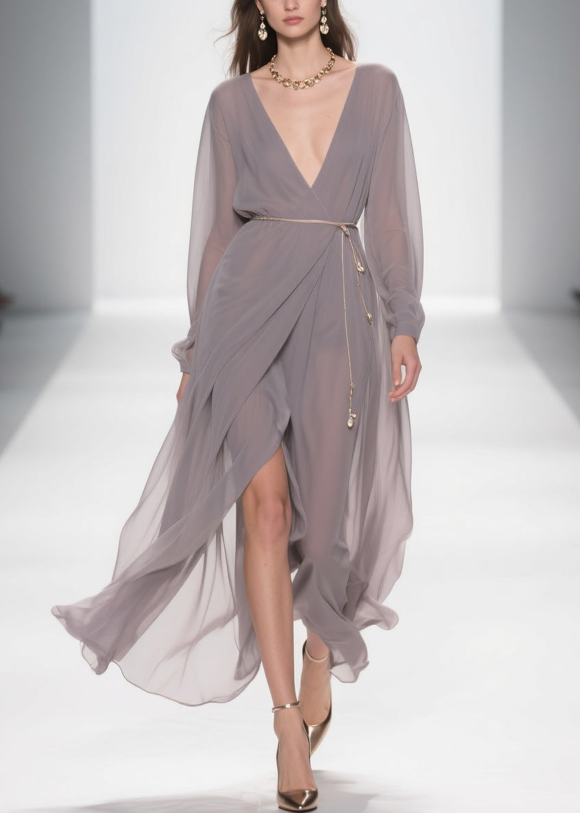 Slim Fit Grey V Neck Side Open Chiffon Long Dress