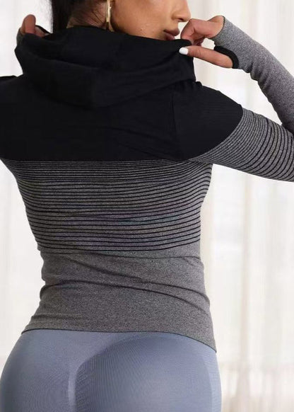Slim Fit Grey Zippered Striped Yoga Top Spring