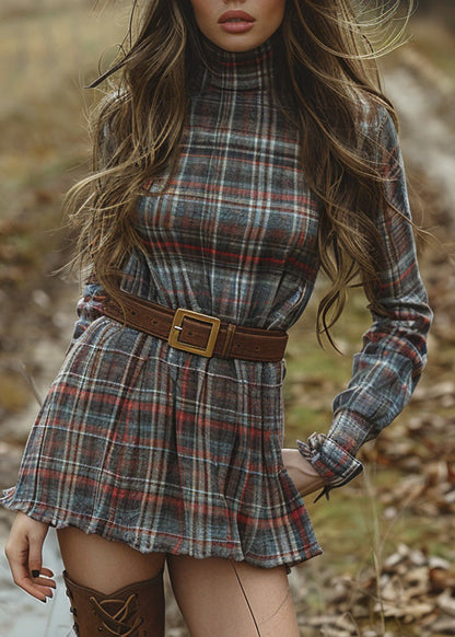 Slim Fit Hign Neck Plaid Cotton Mini Dress Long Sleeve