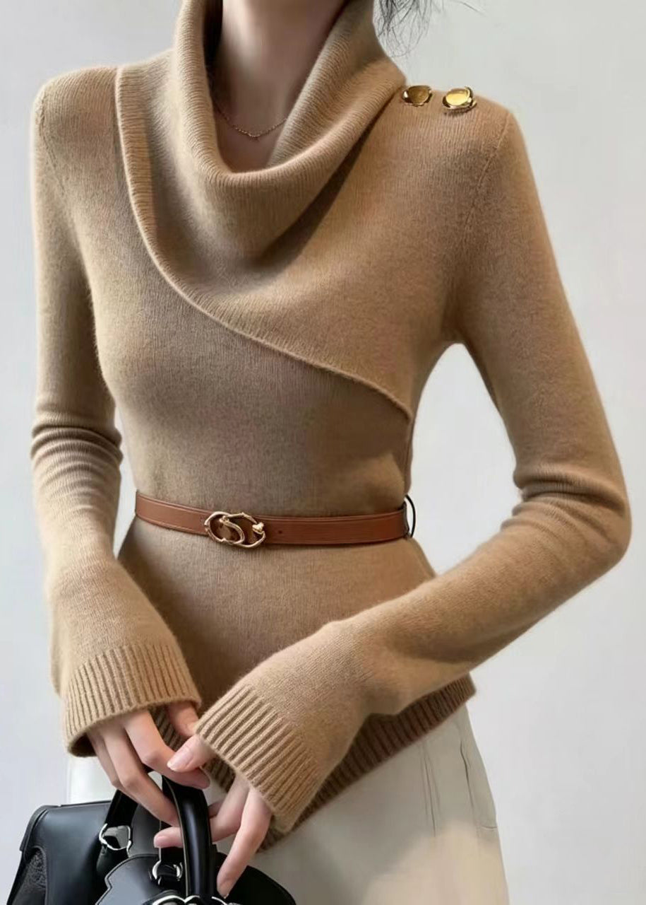 Slim Fit Khaki Cowl Neck Asymmetrical Knit Sweater Fall