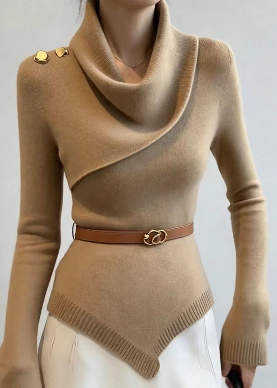 Slim Fit Khaki Cowl Neck Asymmetrical Knit Sweater Fall