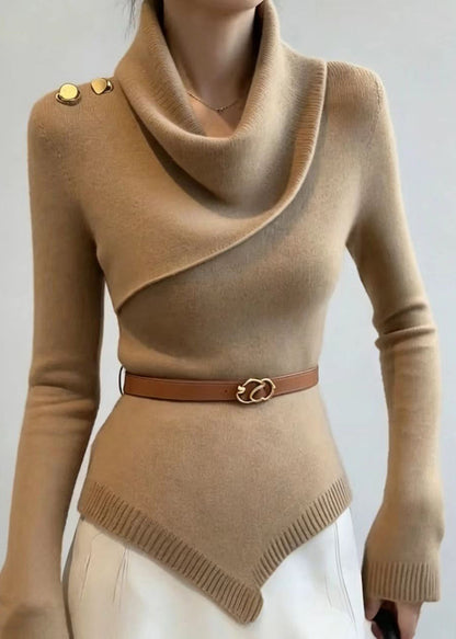 Slim Fit Khaki Cowl Neck Asymmetrical Knit Sweater Fall