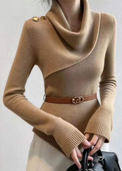 Slim Fit Khaki Cowl Neck Asymmetrical Knit Sweater Fall