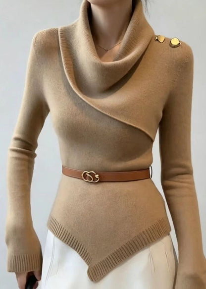 Slim Fit Khaki Cowl Neck Asymmetrical Knit Sweater Fall
