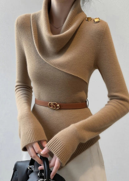 Slim Fit Khaki Draped Neckline Cotton Knit Sweater Spring