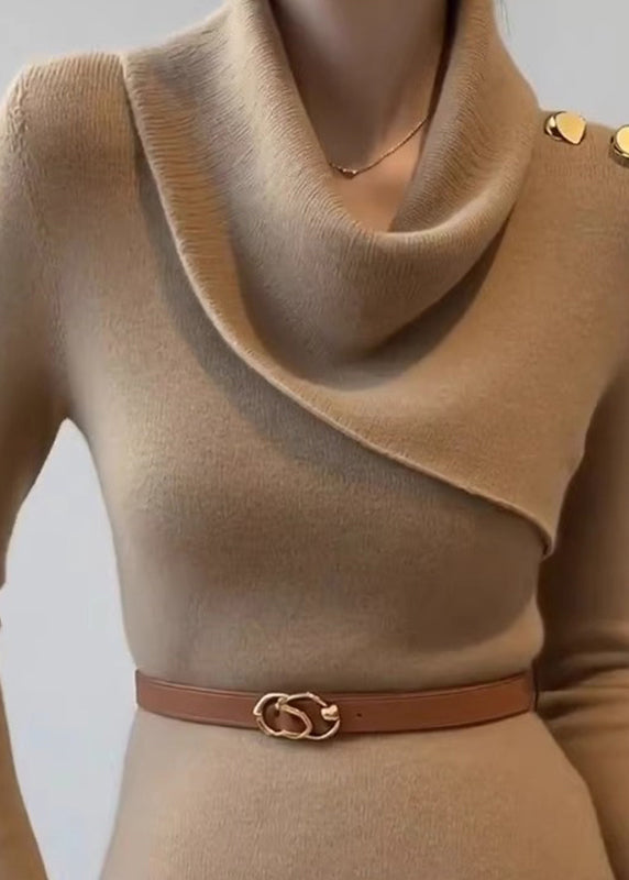 Slim Fit Khaki Draped Neckline Cotton Knit Sweater Spring