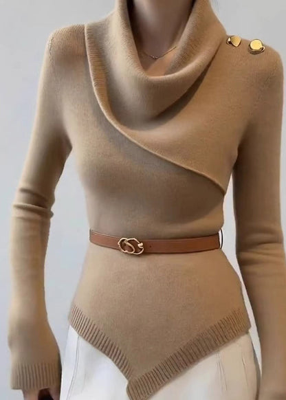 Slim Fit Khaki Draped Neckline Cotton Knit Sweater Spring