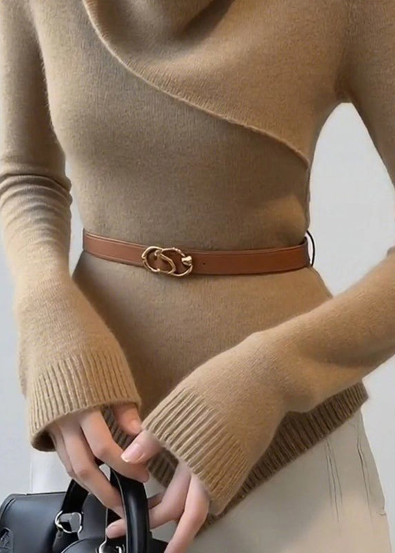 Slim Fit Khaki Draped Neckline Cotton Knit Sweater Spring