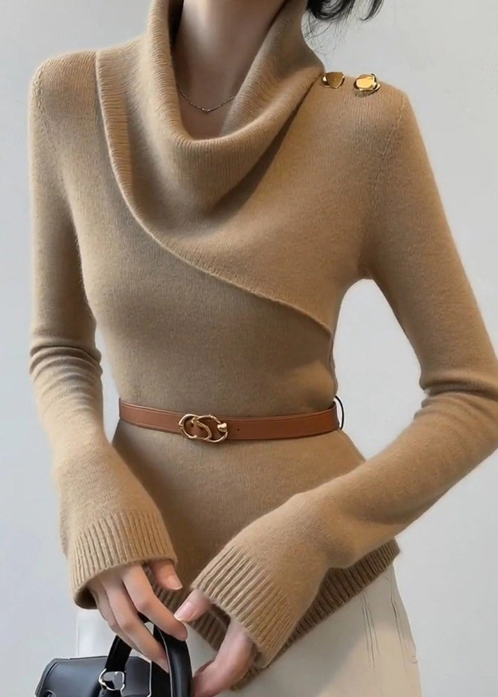 Slim Fit Khaki Draped Neckline Cotton Knit Sweater Spring