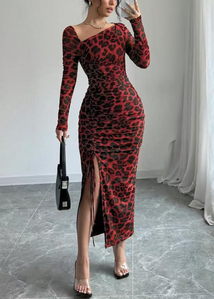 Slim Fit Khaki Leopard Cinched Cotton Long Dresses Spring