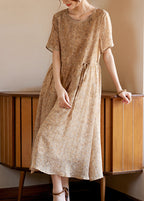 Slim Fit Khaki O-Neck Print Silk Long Dresses Summer