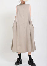 Load image into Gallery viewer, Slim Fit Khaki Stand Collar Patchwork Button Fake Two Pieces Maxi Shirts Dresses Sleeveless