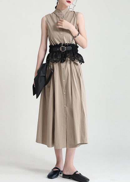 Slim Fit Khaki Stand Collar Patchwork Button Fake Two Pieces Maxi Shirts Dresses Sleeveless