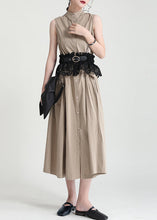 Load image into Gallery viewer, Slim Fit Khaki Stand Collar Patchwork Button Fake Two Pieces Maxi Shirts Dresses Sleeveless