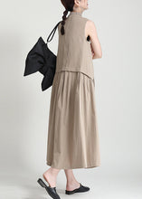 Load image into Gallery viewer, Slim Fit Khaki Stand Collar Patchwork Button Fake Two Pieces Maxi Shirts Dresses Sleeveless