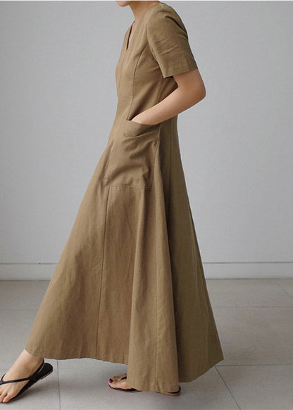Slim Fit Khaki V Neck Pockets Cotton Long Dress Short Sleeve