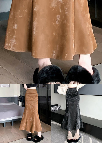 Slim Fit Khaki Zip Up High Waist Silk Velvet Skirts Spring