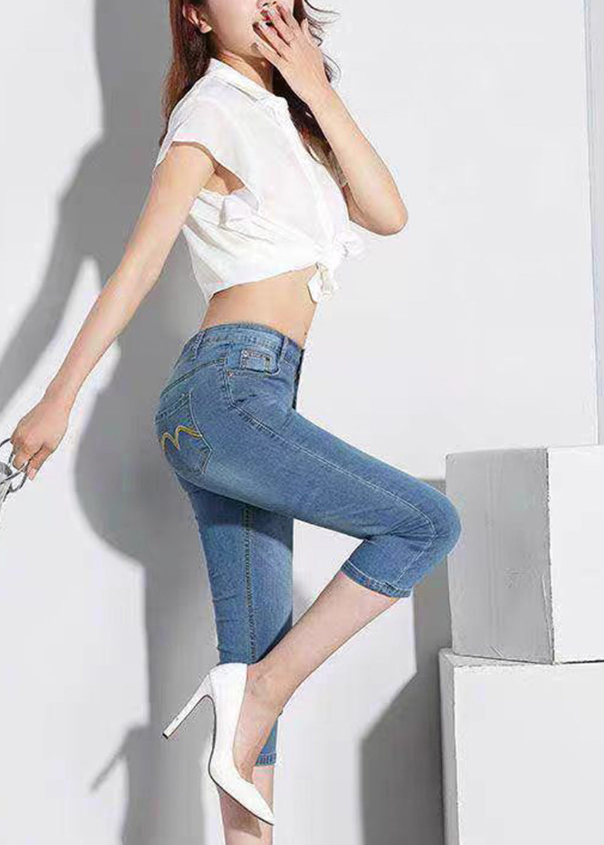 Slim Fit Light Blue High Waist Denim Capri Pants Summer