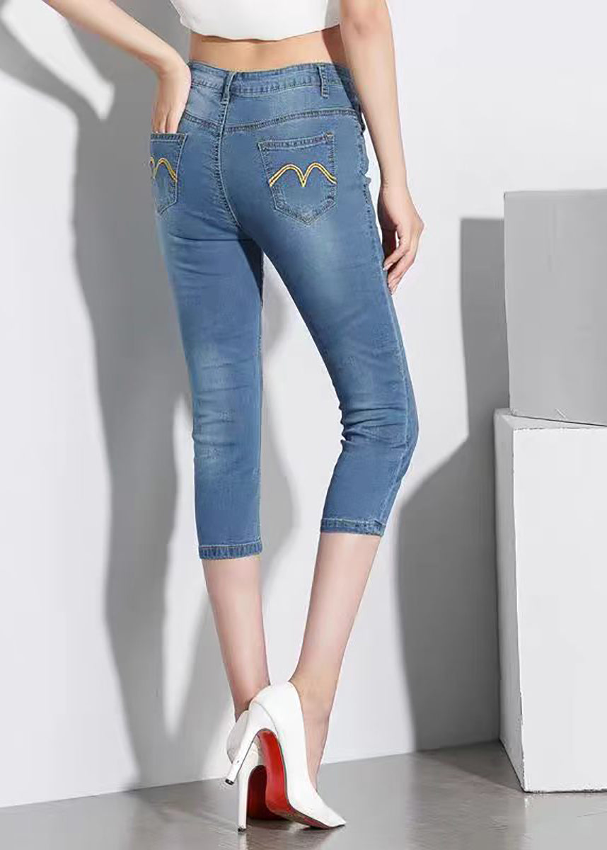 Slim Fit Light Blue High Waist Denim Capri Pants Summer