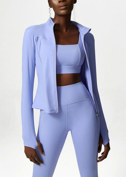 Slim Fit Light Blue Stand Collar Zip Up Patchwork Long Sleeve Athletic Yoga Top Coat